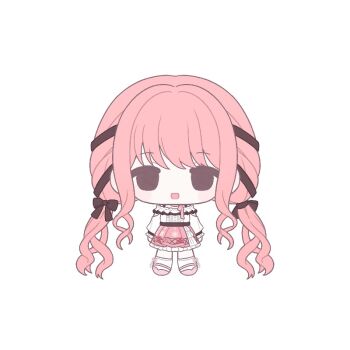 1girl absurdly_long_hair arm_cutout bare_shoulders belt black_belt black_bow black_ribbon blush_stickers bow bow_choker bow_legwear bowtie bra_strap brown_eyes buttons center_frills chibi choker clothing_cutout commentary english_commentary flat_color frilled_shirt frilled_skirt frilled_sleeves frills hair_bow hair_ribbon happy infinity_nikki kneehighs layered_skirt long_hair long_sidelocks long_sleeves looking_at_viewer low_twintails mary_janes medium_skirt nikki_(nikki) nikki_(series) off-shoulder_shirt off_shoulder open_mouth perfect_start_(infinity_nikki) pink_bow pink_bowtie pink_choker pink_hair pink_ribbon pink_shoes pink_skirt pleated_skirt print_skirt puffy_long_sleeves puffy_sleeves ribbon shirt shoes sidelocks simple_background single_stripe skirt smile snowflake_print socks solo standing straight-on striped_bow striped_bowtie striped_clothes tareme tress_ribbon twintails very_long_hair wavy_hair white_background white_shirt white_skirt white_socks yebmel