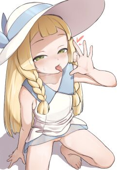 1girl bare_arms bare_legs bare_shoulders barefoot blonde_hair blush braid dress driftingtiger duplicate feet fellatio_gesture female_focus green_eyes half-closed_eyes hat lillie_(pokemon) loli long_hair looking_at_viewer nintendo no_panties pokemon pokemon_sun_and_moon pussy short_dress side_braids simple_background sleeveless sleeveless_dress solo squatting sun_hat thighs tongue tongue_out underwear white_background white_dress white_hat wide_brim