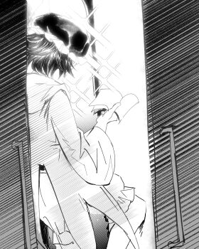 1other absurdres androgynous bare_legs book chinese_commentary coattails commentary commentary_request english_commentary feet_out_of_frame frilled_headwear frilled_shorts frills from_behind greyscale hat highres holding holding_book hood hood_down hooded_jacket jacket len&#039;en long_sleeves mixed-language_commentary mob_cap monochrome open_book open_clothes open_door open_jacket other_focus puffy_shorts reading shirt shitodo_kuroji short_hair shorts solo sparkle triangular_headpiece wide_sleeves yancao_(pixiv_103434280)