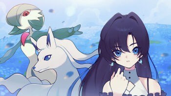 2girls alolan_form alolan_ninetales blue_background blue_eyes commentary_request gardevoir gen_3_pokemon gen_7_pokemon glint hair_between_eyes highres long_hair looking_at_viewer multiple_girls nintendo outstretched_arms pokemon pokemon_(creature) purple_hair red_eyes spread_arms u_tei very_long_hair