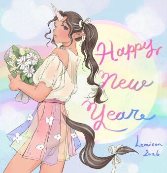 1boy androgynous artist_name bare_shoulders bouquet brown_hair bulge camisole cowboy_shot english_text flower hair_ribbon lemicon long_hair looking_at_viewer looking_back looking_over_shoulder panties penis_in_panties pointy_ears ponytail rainbow ribbon see-through_clothes see-through_skirt see-through_sleeves shirt skirt tail tail_ornament tail_ribbon trap underwear unicorn_horn wavy_hair white_shirt yellow_ribbon