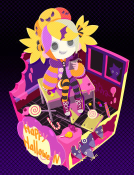 1girl animal asymmetrical_legwear bat_hair_ornament black_eyes blonde_hair bon_bon_eee candy chalkboard commentary desk diorama english_commentary food food-themed_hair_ornament full_body fur_jacket grin hair_ornament halloween happy_halloween happy_halloween_(vocaloid) highres jack-o&#039;-lantern jack-o&#039;-lantern_hair_ornament jacket kagamine_len kagamine_rin lollipop long_sleeves mouse_(animal) multicolored_hair multiple_boys on_desk orange_hair pumpkin_hair_ornament purple_hair school_desk shoes sitting smile sneakers solo streaked_hair striped_clothes striped_sleeves striped_thighhighs swirl_lollipop thighhighs twintails window wrapped_candy