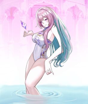 1girl adapted_costume anurak34521nu aqua_hair crystal_shards cyrene_(honkai:_star_rail) cyrene_(ripples_of_past_reverie)_(honkai:_star_rail) diamond-shaped_pupils diamond_(shape) hashtag-only_commentary highres honkai:_star_rail honkai_(series) long_hair multicolored_hair one-piece_swimsuit pink_hair purple_eyes solo swimsuit symbol-shaped_pupils thighs two-tone_hair very_long_hair white_one-piece_swimsuit