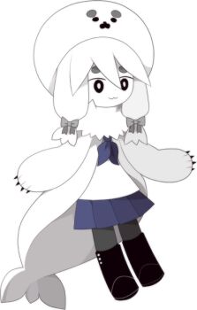 1girl :3 animal_costume animal_hat black_boots black_eyes blue_bow blue_skirt boots bow bright_pupils full_body funamusea funamusea_(artist) grey_ribbon hair_bow hair_ribbon harp_seal hat ice_scream mafuyu_(funamusea) necktie official_art pleated_skirt ribbon sailor_collar seal_(animal) seal_girl seal_hat short_hair short_twintails simple_background skirt smile solo standing tail twintails white_background white_hair white_pupils