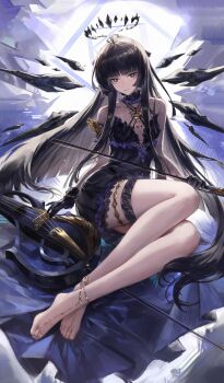 1girl absurdres arknights bare_legs barefoot barefoot_sandals_(jewelry) black_dress black_gloves black_hair bow_(music) cello dress full_body gloves halo highres holding holding_bow_(music) instrument long_hair meinoss sitting solo very_long_hair virtuosa_(arknights) virtuosa_(diversity_oneness)_(arknights)