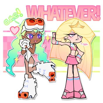 2girls blonde_hair boots braid colored_eyelashes commentary crop_top dark-skinned_female dark_skin deadbeatdain english_text goggles goggles_on_head gunsmith_bitch_(psg) hair_over_one_eye heart highres kneehighs leotard long_hair low_twin_braids miniskirt multiple_girls official_style own_hands_together panty_&amp;_stocking_with_garterbelt pink_hair pink_shoes pink_socks purple_eyes queen_bee_(psg) shoes skirt sleeveless sleeveless_turtleneck socks standing standing_on_one_leg tiara turtleneck twin_braids very_long_hair white_boots white_leotard wristband