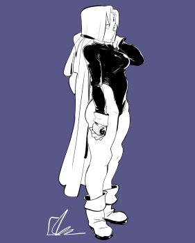 1girl bare_legs black_leotard breasts cape dc_comics em_bani eyelashes glowing_hands greyscale_with_colored_background half-closed_eyes highleg highleg_leotard highres hood leotard monochrome open_mouth purple_background raven_(dc) revealing_clothes shiny_clothes short_hair taut_clothes taut_leotard teen_titans unworn_cape wide_hips