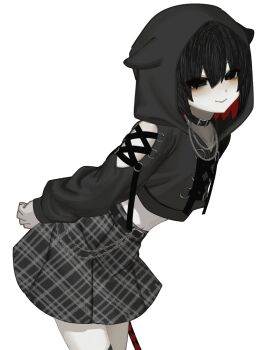 1girl animal_ear_hood arms_behind_back bare_shoulders belt bent_over black_belt black_choker black_eyes black_hair black_hoodie black_skirt black_thighhighs bob_cut breasts chain chain_necklace choker clothing_cutout colored_inner_hair crop_top cropped_hoodie curled_fingers empty_eyes fake_animal_ears goth_fashion hair_over_eyes highres hood hoodie jewelry lace-up leaning_forward light_smile long_arms looking_at_viewer looking_to_the_side midriff monogatari_(series) monogatari_series_shibuya109_collaboration multicolored_hair multiple_necklaces narrowed_eyes navel necklace no_gloves oshino_ougi pale_skin plaid_clothes plaid_skirt pleated_skirt red_hair shin1kake short_hair shoulder_cutout simple_background skirt small_breasts smile solo standing tail_strap thighhighs two-tone_hair wallet_chain white_background