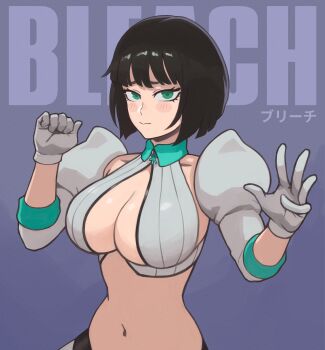 Rule 34 | 1girl, black hair, bleach, bleach: sennen kessen-hen, blush, breasts, cleavage cutout, closed mouth, clothing cutout, cosplay, female focus, fubuki (one-punch man), gloves, green eyes, highres, inoue orihime, inoue orihime (cosplay), large breasts, looking at viewer, mogglebear, navel, one-punch man, puffy sleeves, short hair, solo, upper body, white gloves