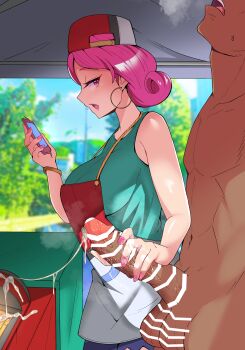 1boy 1girl absurdres apron ashikoshi_jakushi bar_censor bare_shoulders baseball_cap blue_pants blue_sky blurry blurry_background blush bored breasts cellphone censored cowboy_shot cum cum_string dark-skinned_male dark_skin day eyebrows eyelashes fingernails from_side gen_4_pokemon green_shirt grey_apron hand_up handjob hat hetero highres holding holding_phone interracial joy_(pokemon) large_breasts lipstick long_fingernails looking_at_another looking_back makeup matching_hair/eyes medium_hair multitasking nail_polish nintendo open_mouth outdoors pants penis phone pink_eyes pink_hair pink_lips pink_nails pokemon pokemon_sv red_apron red_hat rotom rotom_phone shirt sky sleeveless sleeveless_shirt smartphone solo_focus standing testicles two-tone_apron two-tone_hat variant_set white_hat