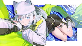 Rule 34 | 1girl, animal ear headwear, arknights, arknights: endfield, bandaid, bandaid on face, bandaid on leg, blue eyes, bodysuit, bodysuit under clothes, copyright logo, copyright name, copyright notice, crop top, endfield industries logo, endfield uniform, estella (arknights), fake animal ears, fingerless gloves, foreshortening, full body, gloves, green scarf, grey shoes, highres, ice, ka 4maki, logo, looking at viewer, lying, official art, on side, open mouth, scarf, shirt, shoes, short hair, solo, watermark, white gloves, white hair, white shirt