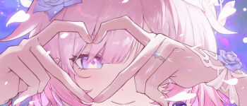 1girl absurdres closed_mouth commentary cyrene_(honkai:_star_rail) cyrene_(ripples_of_past_reverie)_(honkai:_star_rail) diamond-shaped_pupils diamond_(shape) flower four-finger_heart_hands hair_flower hair_ornament hands_up heart heart_hands highres honkai:_star_rail honkai_(series) jewelry looking_at_viewer pink_hair purple_eyes purple_flower purple_rose ring rose smile solo symbol-shaped_pupils toria_(toriaa_27)