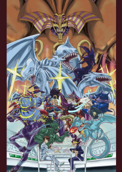 5boys absurdres alternate_costume armor beaver_warrior blue-eyes_white_dragon blue_eyes brown_hair card chair claws commentary crowd cyclops dark_magician duel_monster exodia_the_forbidden_one fangs fighting fire fireball gaia_the_fierce_knight helmet highres hitotsu-me_giant holding holding_mace holding_polearm holding_staff holding_sword holding_weapon horse horseback_riding jewelry jousting judge_man kaiba_seto lance mace mage_staff millennium_puzzle multicolored_hair multiple_boys mute_traveler muto_yugi necklace one-eyed pauldrons playing_card pointy_ears polearm purple_eyes riding saggi_the_dark_clown school_uniform sharp_teeth shield shoulder_armor shoulder_spikes sitting smirk spiked_armor spiked_hair spiked_helmet spiked_mace spiked_pauldrons spikes stadium staff sword swords_of_revealing_light teeth weapon winged_dragon_guardian_of_the_fortress_#1 wings wristband yu-gi-oh!
