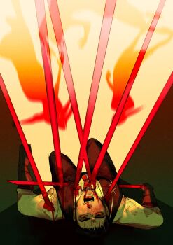 05_soleil 1boy absurdres black_hair black_vest blood blood_from_mouth blood_on_clothes blood_on_face blood_splatter bloodshot_eyes clenched_hand collared_shirt commentary english_commentary full_body gauntlets hand_up highres impaled injury knees_up limbus_company lying male_focus meursault_(project_moon) necktie on_back on_ground open_mouth planted planted_sword planted_weapon project_moon red_necktie screaming shadow shirt short_hair solo sword too_many_weapons upside-down vest weapon white_shirt