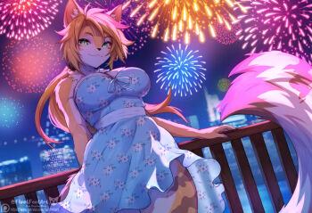 1girl :3 aerial_fireworks against_railing animal_ears blue_dress breasts cat_ears cat_girl cat_tail cityscape dress fireworks furry furry_female green_eyes large_breasts long_hair looking_at_viewer parted_bangs ponytail pulchra_fellini railing smile solo straykat tail zenless_zone_zero