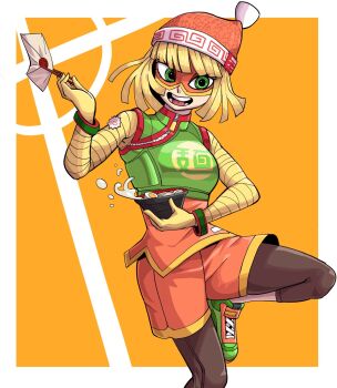 Rule 34 | 1girl, arms (game), bbtan, beanie, blonde hair, bowl, bracelet, chopsticks, colored extremities, domino mask, eye mask, green eyes, hat, holding, holding bowl, jewelry, leggings, leggings under shorts, mask, min min (arms), nintendo, open mouth, orange shirt, orange shorts, shirt, short hair, shorts, solo, super smash bros.