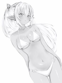 1girl absurdres bikini blush breasts cleavage collarbone cowboy_shot dark-skinned_female dark_skin elf greyscale highres hololive long_hair looking_at_viewer medium_breasts monochrome nanashi_(nlo) navel o-ring o-ring_bikini parted_lips pointy_ears ponytail shiranui_flare simple_background solo swimsuit virtual_youtuber white_background
