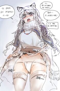 1girl 2poet angry animal_ears arknights bead_necklace beads black_capelet braid capelet clothes_lift flashing grey_eyes highres jewelry long_hair necklace open_mouth panties pramanix_(arknights) shouting side_braids skirt skirt_lift snow_leopard_ears snow_leopard_girl solo speech_bubble tearing_up thighhighs translation_request underwear white_hair