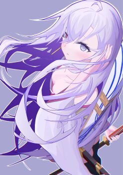 Rule 34 | 1girl, ahoge, bare shoulders, black thighhighs, breasts, commentary request, from above, grey background, hair between eyes, heterochromia, highres, holding, holding sword, holding weapon, japanese clothes, katana, kimono, long hair, murasaki (reverseblue), nietzsche ssss, parted lips, purple eyes, purple hair, red eyes, reverseblue x re-birthend, small breasts, solo, sword, thighhighs, very long hair, weapon