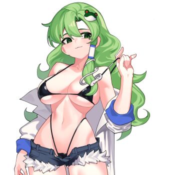 1girl absurdres alternate_costume bikini black_bikini breasts closed_mouth cowboy_shot denim denim_shorts frog_hair_ornament green_eyes green_hair hair_between_eyes hair_ornament hair_tubes hashtag-only_commentary highleg highleg_bikini highres kochiya_sanae large_breasts long_hair long_sleeves micro_bikini micro_shorts navel qwas69 shirt shorts simple_background single_hair_tube smile snake_hair_ornament solo strap_pull swimsuit touhou white_background white_shirt