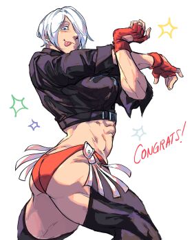 1girl abs absurdres alternate_muscle_size angel_(kof) backless_pants biceps blue_eyes bra breasts chaps cleavage crop_top cropped_jacket fingerless_gloves gloves hair_over_one_eye highres jacket large_breasts leather leather_jacket lemon1034 looking_at_viewer midriff muscular muscular_female navel obliques panties pants short_hair smile snk solo strapless strapless_bra the_king_of_fighters the_king_of_fighters_xiv thick_thighs thighs toned toned_female underwear white_hair