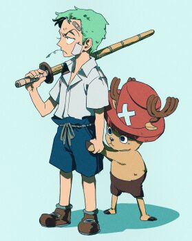 Rule 34 | 2boys, aged down, animal ears, antlers, bandaid, bandaid on cheek, bandaid on face, bandaid on forehead, blue background, blue shorts, brown fur, brown shoes, brown shorts, closed mouth, collared shirt, deer ears, full body, green hair, hat, hiding, hiding behind another, hiems xii, highres, holding, holding hands, horns, male focus, multiple boys, one piece, over shoulder, pink hat, profile, reindeer antlers, reindeer boy, roronoa zoro, shinai, shirt, shoes, short hair, short sleeves, shorts, standing, sword, tony tony chopper, weapon, white shirt