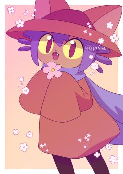 1other :3 androgynous animal_hat border brown_coat brown_eyes brown_hat cat_hat child coat colored_sclera commentary_request cowboy_shot dot_nose fang flower gradient_background hair_between_eyes hat highres holding holding_flower ja6m6 long_sleeves looking_at_viewer medium_hair niko_(oneshot) oneshot_(game) other_focus outside_border pink_flower purple_hair purple_scarf scarf sleeves_past_fingers sleeves_past_wrists smile solo twitter_username white_border yellow_sclera