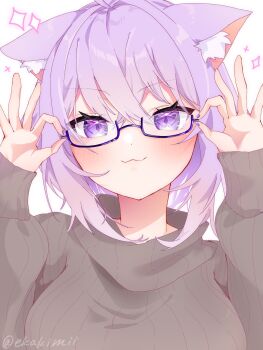 Rule 34 | 1girl, :3, adjusting eyewear, ahoge, animal ear fluff, animal ears, blush, breasts, cat ears, cat girl, closed mouth, commentary request, crossed bangs, ekakimii, glasses, grey sweater, hands up, highres, hololive, long sleeves, looking at viewer, medium breasts, nekomata okayu, purple eyes, purple hair, semi-rimless eyewear, short hair, smile, solo, sweater, under-rim eyewear, upper body, virtual youtuber, white background