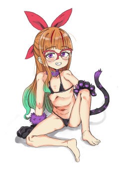 1girl animal_collar arm_at_side bikini black_bikini black_gloves blush brown_hair cat_tail collar collarbone eyelashes fake_tail female_focus flat_chest glasses gloves green_hair hair_ribbon hand_on_own_knee knee_up kuchimisan loli long_hair looking_at_viewer micro_bikini multicolored_hair navel ohdo_yuamu over-rim_eyewear paw_gloves purple_collar purple_eyes red-framed_eyewear red_ribbon ribbon semi-rimless_eyewear simple_background sitting solo swimsuit tail two-tone_hair white_background yu-gi-oh! yu-gi-oh!_go_rush!!
