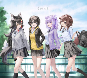 Rule 34 | 4girls, animal ear fluff, animal ears, bag, black hair, black skirt, black socks, brown eyes, brown hair, cat ears, cat girl, cat tail, closed mouth, collared shirt, commentary request, dog ears, dog girl, dog tail, feet out of frame, green eyes, grey jacket, hair between eyes, hand in pocket, highres, holding, holding bag, holding hands, hololive, inugami korone, jacket, karanashi noma, kneehighs, long hair, looking at another, miniskirt, multiple girls, nekomata okayu, ookami mio, oozora subaru, open mouth, orange eyes, outdoors, pleated skirt, purple eyes, purple hair, purple jacket, red hair, school bag, school uniform, shirt, skirt, smile, socks, tail, virtual youtuber, white shirt, wolf ears, wolf girl, wolf tail, yellow jacket