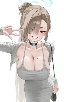 1girl absurdres alternate_costume alternate_hairstyle aqua_eyes aqua_halo arm_up asuna_(blue_archive) black_bag black_choker blue_archive blush breasts brown_hair choker cleavage collarbone commentary dress english_commentary eyes_visible_through_hair grey_dress grin hair_over_one_eye halo highres kono_(xerondan321) large_breasts long_hair long_sleeves looking_at_viewer mole mole_on_breast paid_reward_available simple_background smile solo v white_background