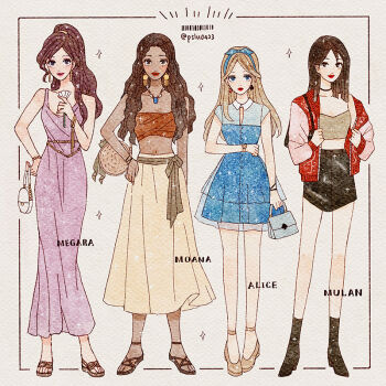 4girls alice_(disney) alice_in_wonderland_(disney) alternate_costume animification apron black_hair blonde_hair blue_dress blue_eyes brown_eyes contemporary disney disney_princess dress fa_mulan_(disney) hairband hercules_(1997_movie) long_hair looking_at_viewer megara_(disney) moana_(movie) moana_waialiki mulan_(movie) multiple_girls peilu_(pslu0423) short_sleeves