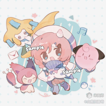 1girl :d bai_xiong_nailaojuan blue_background blue_eyes blue_scarf blue_socks blush_stickers braid brown_shoes brown_skirt chibi chibi_only full_body gen_1_pokemon gen_3_pokemon hat highres horns jigglypuff jirachi legendary_pokemon long_hair long_sleeves mihuashi_username mythical_pokemon nintendo open_mouth original pink_hair pleated_skirt pokemon pokemon_(creature) sample_watermark scarf shirt shoes skirt skitty smile socks standing striped_clothes striped_scarf striped_socks twin_braids vertical-striped_clothes vertical-striped_socks watermark white_hat white_horns white_shirt wide_sleeves