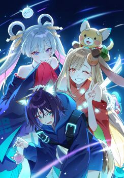 Rule 34 | 2girls, animal, animal ears, animal on head, backlighting, bare shoulders, blonde hair, blue background, blue eyes, blue hair, blue hoodie, blue kimono, cho kaguya-hime!, commentary request, crescent, crescent hair ornament, din16sa, dog, dog on head, forehead jewel, fox ears, fushi (cho kaguya-hime!), glowing, green eyes, grey hair, grin, hair ornament, hair rings, hair stick, hand on another's head, highres, hood, hoodie, inudoge, japanese clothes, kaguya (cho kaguya-hime!), kimono, korean commentary, leaning forward, long hair, long sleeves, looking at another, lop rabbit ears, multiple girls, night, on head, one eye closed, open mouth, purple hair, rabbit ears, red kimono, runami yachiyo, sakayori iroha, shooting star, short hair, smile, standing, twintails, v