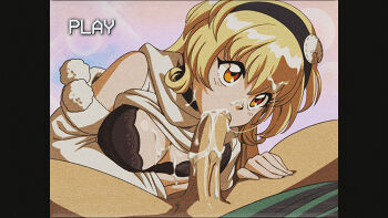 1boy 1girl black_bra blonde_hair bra breasts cleavage clothes_lift commentary commission compa cum cum_on_body cum_on_breasts cum_on_clothes cum_on_hair cum_on_upper_body cum_string detached_sleeves dirty_ero english_commentary facial fellatio hair_between_eyes hairband hands_on_another&#039;s_thighs hetero large_breasts long_hair medium_breasts neptune_(series) oral orange_eyes pom_pom_(clothes) retro_artstyle sleeveless sleeveless_sweater solo_focus sweater sweater_lift underwear vhs_artifacts