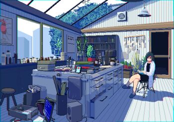 1girl animated animated_gif apo_(rairaru20001) black_hair blue_screen_of_death blue_slippers book book_stack bookshelf chromatic_aberration coat coffee_maker coffee_mug computer computer_tower cup door holding holding_book indoors lab_coat long_hair mug open_book open_clothes open_coat original pixel_art plant potted_plant reading sitting slippers solo speaker stool tree window