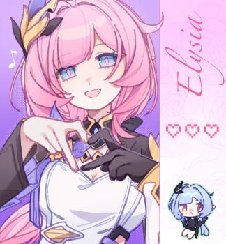 2girls black_gloves blue_eyes breasts character_name chinese_commentary commentary_request corset elf elysia_(honkai_impact) elysia_(miss_pink_elf)_(honkai_impact) four-finger_heart_hands gloves hair_ornament heart heart_hands herrscher_of_corruption highres honkai_(series) honkai_impact_3rd large_breasts long_hair looking_at_another multiple_girls musical_note pink_hair pointy_ears purple_background shrug_(clothing) single_glove solo variant_set very_long_hair white_corset yinanhuahua