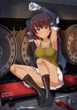 1girl 3d_background armpits black_hair blush breasts closed_mouth collarbone girls_und_panzer gloves green_eyes green_tank_top highres hoshino_(girls_und_panzer) large_breasts looking_at_viewer megadeko military military_uniform miniskirt ooarai_military_uniform shiny_skin short_hair sitting skirt smile solo sweat tank_top tomboy tools white_gloves white_skirt