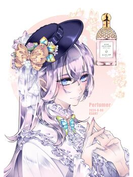 1girl alternate_costume bad_source blue_eyes bottle bow emilie_(genshin_impact) emilie_(old_design)_(genshin_impact) flower frills genshin_impact hair_between_eyes hat hat_bow hat_flower highres long_hair long_sleeves looking_at_viewer nail_polish perfume_bottle pink_nails ponytail purple_hair sidelocks_tied_back smile solo upper_body