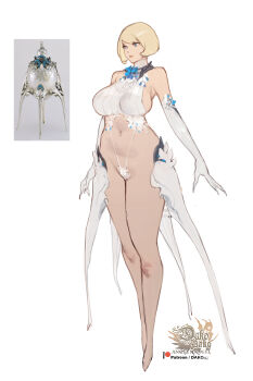 1girl absurdres artist_logo bare_shoulders blonde_hair blue_eyes breasts commentary elbow_gloves english_commentary full_body gloves highres hu_dako huge_breasts humanization logo original revealing_clothes short_hair sideboob simple_background solo white_background white_gloves