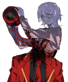 1girl 1other backlighting black_shirt black_vest blazer blood cable clock collared_shirt dante_(limbus_company) decapitation dress_shirt faust_(project_moon) formal_clothes grey_sweater guro highres holding_clock jacket lapels limbus_company marspebbles mechabare necktie project_moon red_jacket red_necktie shirt simple_background suit suit_jacket sweater turtleneck upper_body vest white_background white_eyes white_hair