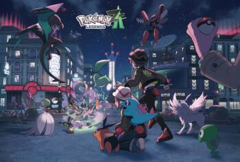 3boys 4girls absol belt black_hair blue_belt blue_shoes bracelet building bunnelby bush chikorita clenched_hand commentary_request copyright_logo copyright_name fence flower gardevoir gen_1_pokemon gen_2_pokemon gen_3_pokemon gen_4_pokemon gen_5_pokemon gen_6_pokemon harmony_(pokemon) hat highres holding holding_poke_ball jacket jewelry legendary_pokemon logo long_sleeves lucario mega_absol mega_gardevoir mega_lucario mega_pokemon mega_scizor multiple_boys multiple_girls night nintendo noivern official_art outdoors pants paxton_(pokemon) pikachu poke_ball poke_ball_(basic) pokemon pokemon_(creature) pokemon_legends:_z-a pokemon_on_back scizor shirt shoes short_hair shuppet sign sky star_(sky) tepig totodile tower white_hat window zygarde zygarde_core