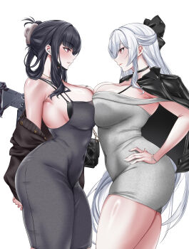 2girls absurdres axe bag barcode barcode_tattoo beatheart black_bow black_choker black_dress black_hair bow breast_press breasts choker cinderella_(beautiful_me)_(nikke) cinderella_(nikke) commentary curvy d_(killer_wife)_(nikke) d_(nikke) dongtan_dress dress face-to-face folded_ponytail goddess_of_victory:_nikke grey_dress hair_bow handbag hands_on_own_hips hatchet_(axe) heart heart_necklace highres in-ear_earphones jacket jacket_on_shoulders jewelry large_breasts long_hair looking_at_another mask_pull multiple_girls necklace off_shoulder official_alternate_costume parted_lips red_eyes simple_background symmetrical_docking tattoo taut_clothes taut_dress very_long_hair white_background white_hair