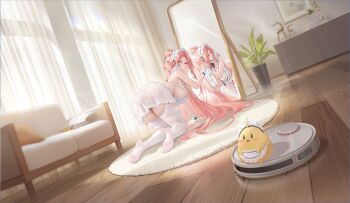 1girl absurdres alternate_costume apron ass azur_lane baby_animal bare_shoulders bird blush breasts carpet chick cleavage couch curtains dress enmaided feet frilled_apron frilled_hairband frills from_behind full_body garter_belt garter_straps hairband hanging_breasts highres holding huge_breasts indoors kneeling lace lace-trimmed_thighhighs lace_trim legs lexington_(azur_lane) lexington_ii_(azur_lane) lexington_ii_(the_fluffiest_of_maids)_(azur_lane) logo long_hair looking_at_viewer looking_back maid maid_apron maid_headdress manjuu_(azur_lane) mirror naked_apron no_shoes non-web_source official_alternate_costume official_art on_floor panties parted_bangs parted_lips pillow pink_eyes pink_hair plant ponytail potted_plant reflection rug see-through_clothes see-through_dress see-through_legwear sideboob smile soles solo table thighhighs thighs toes underwear very_long_hair white_apron white_dress white_garter_straps white_headdress white_thighhighs wooden_floor wrist_cuffs