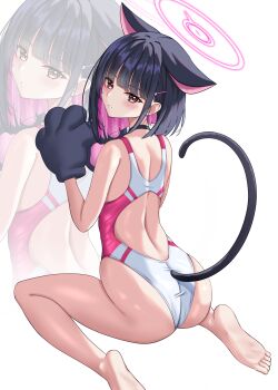1girl absurdres alternate_costume animal_ears animal_hands ass back_cutout barefoot black_choker black_gloves black_hair blue_archive blush cat_ears cat_girl cat_tail choker clothing_cutout colored_inner_hair commentary_request feet from_behind gloves halo hibika highleg highleg_one-piece_swimsuit highres kazusa_(blue_archive) looking_at_viewer looking_back multicolored_hair one-piece_swimsuit parted_lips paw_gloves pink_eyes pink_hair pink_halo simple_background sitting soles swimsuit tail toes wariza white_background zoom_layer