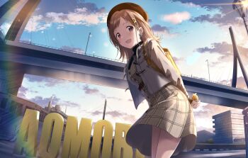 1girl beret bird black_sweater blush breasts brown_dress brown_eyes brown_hair commission dress earrings hair_ornament hairclip hat idolmaster idolmaster_shiny_colors jacket jewelry long_hair long_sleeves looking_at_viewer medium_breasts medium_hair murasaki_himuro open_clothes open_jacket open_mouth outdoors sakuragi_mano skeb_commission sky smile solo sweater