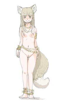 1girl animal_ear_fluff animal_ears blue_eyes blunt_bangs blush blush_stickers breasts brown_hair female_pubic_hair fox_ears fox_girl fox_tail graphite_(medium) highres jewelry long_hair medium_breasts necklace nipples nude original poranka_(porankaran) pubic_hair simple_background smile solo standing tail traditional_media white_background