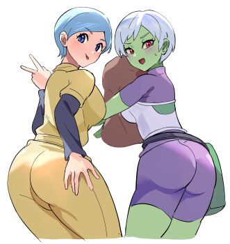 2girls :d :p absurdres ass blue_eyes blue_hair blush bodysuit breasts bulma cheelai colored_skin dragon_ball dragon_ball_super dragon_ball_super_super_hero from_behind green_skin hand_on_own_ass highres long_sleeves looking_at_viewer looking_back multiple_girls nervous_smile open_mouth pants purple_bodysuit red_eyes sakamoto_(ojiojiojisanda) shirt short_hair short_sleeves smile sweatdrop tongue tongue_out v white_hair yellow_pants yellow_shirt