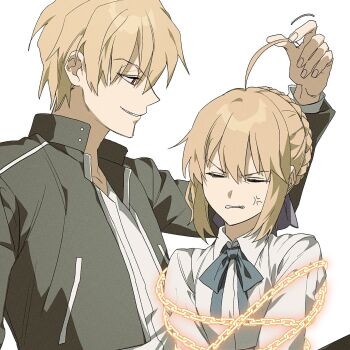 0304rong0304 1boy 1girl ahoge anger_vein artoria_pendragon_(fate) black_jacket blonde_hair braid chain chained closed_eyes commentary_request enkidu_(weapon)_(fate) fate/stay_night fate_(series) gilgamesh_(fate) gilgamesh_(immoral_biker_jacket)_(fate) glowing highres jacket korean_commentary red_eyes saber_(fate) smile