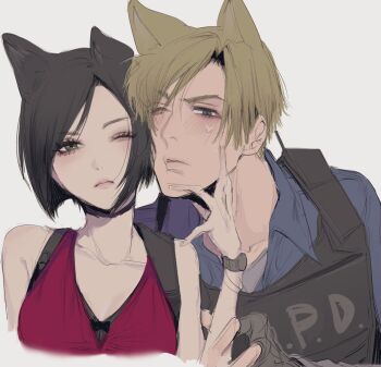 1boy 1girl ada_wong animal_ears bare_shoulders black_choker black_hair blonde_hair blue_shirt blush breasts bulletproof_vest cat_boy cat_ears cat_girl choker cleavage collared_shirt dress grey_eyes hand_on_another's_cheek hand_on_another's_face kemonomimi_mode leon_s._kennedy medium_breasts nuboo2836 one_eye_closed parted_bangs red_dress resident_evil resident_evil_2 shirt sketch sweatdrop upper_body watch white_background wristwatch
